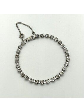 Vintage Silvertone Clear Rhinestone Tennis Bracelet With Safety Chain
